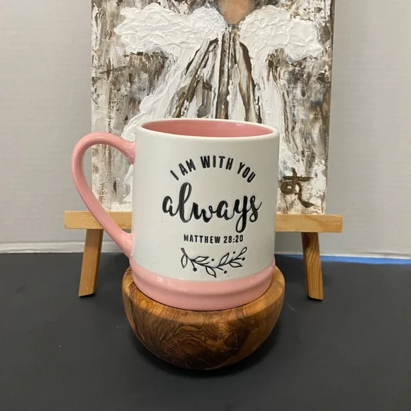 Pink and White Ceramic Stoneware Mug with Inspirational Bible Verse - Picture 2 of 5